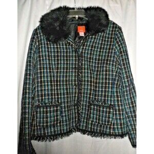 Hearts of Palm Black Plaid Jacket SZ 16 Faux Fur Collar Removable